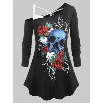 

Plus Size Skew Neck Skull Rose Print Tee and Crisscross Camisole Set, Black