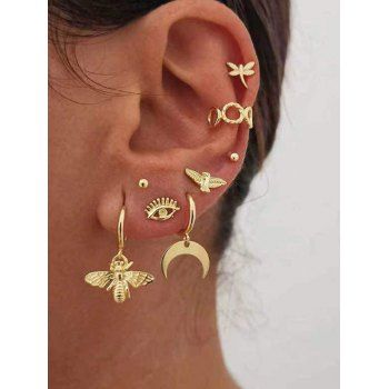 

8 Pcs Moon Bee Dragonfly Eye Earrings Set, Golden