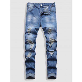 

Long Destroy Wash Distressed Jeans, Deep blue