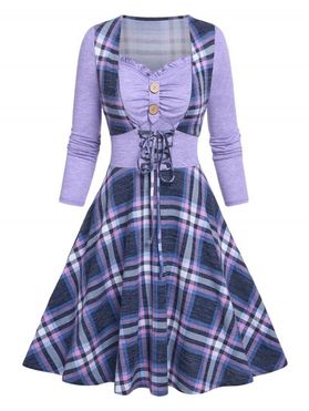 Contrast Plaid Checked Lace Up 2 In 1 Corset Style A Line Dress