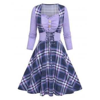 

Contrast Plaid Checked Lace Up 2 In 1 Corset Style A Line Dress, Light purple
