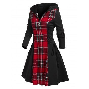 

Half Zipper Lace Up Hooded Plaid Dress, Black