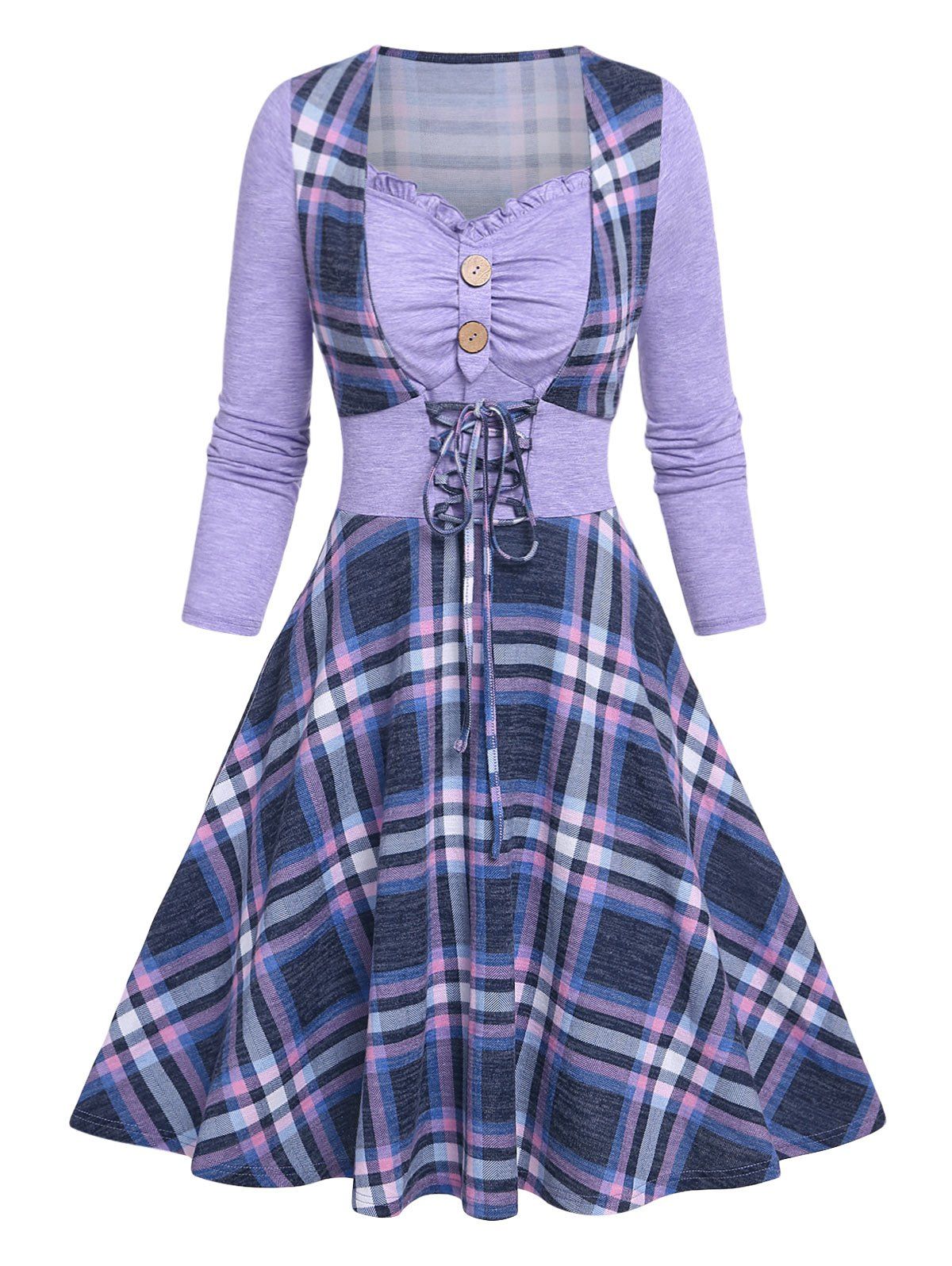 Plaid Print Lace-up Faux Twinset Flare Dress - LIGHT PURPLE XXL