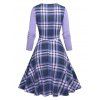 Plaid Print Lace-up Faux Twinset Flare Dress - LIGHT PURPLE XL