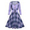 Plaid Print Lace-up Faux Twinset Flare Dress - LIGHT PURPLE XXL
