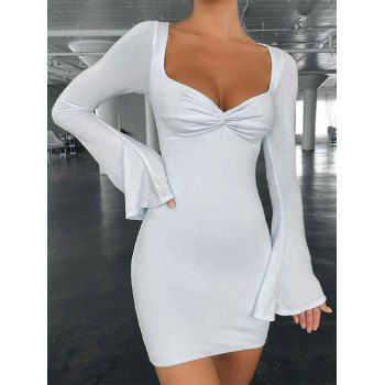 

Twisted Flare Sleeve Mini Slinky Dress, White