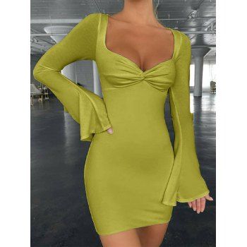 

Twisted Flare Sleeve Mini Slinky Dress, Light green