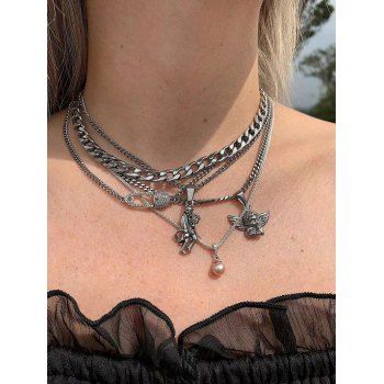 Faux Pearl Devil Angel Charm Multilayered Necklace