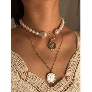 

Portrait Charm Faux Pearl Layered Necklace, Golden