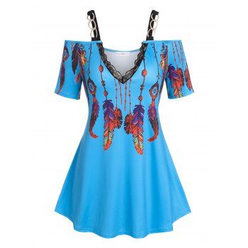 

Plus Size Cold Shoulder Chains Dreamcatcher Print Tee, Blue