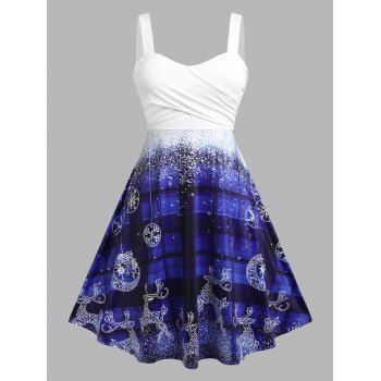 

Plus Size Crossover Plaid Elk Print Dress, Blue