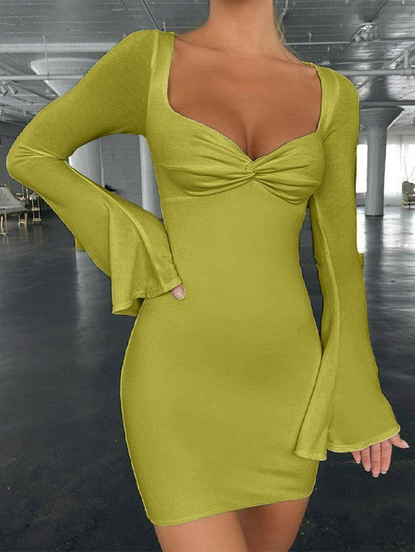 Twisted Flare Sleeve Mini Slinky Dress - LIGHT GREEN S