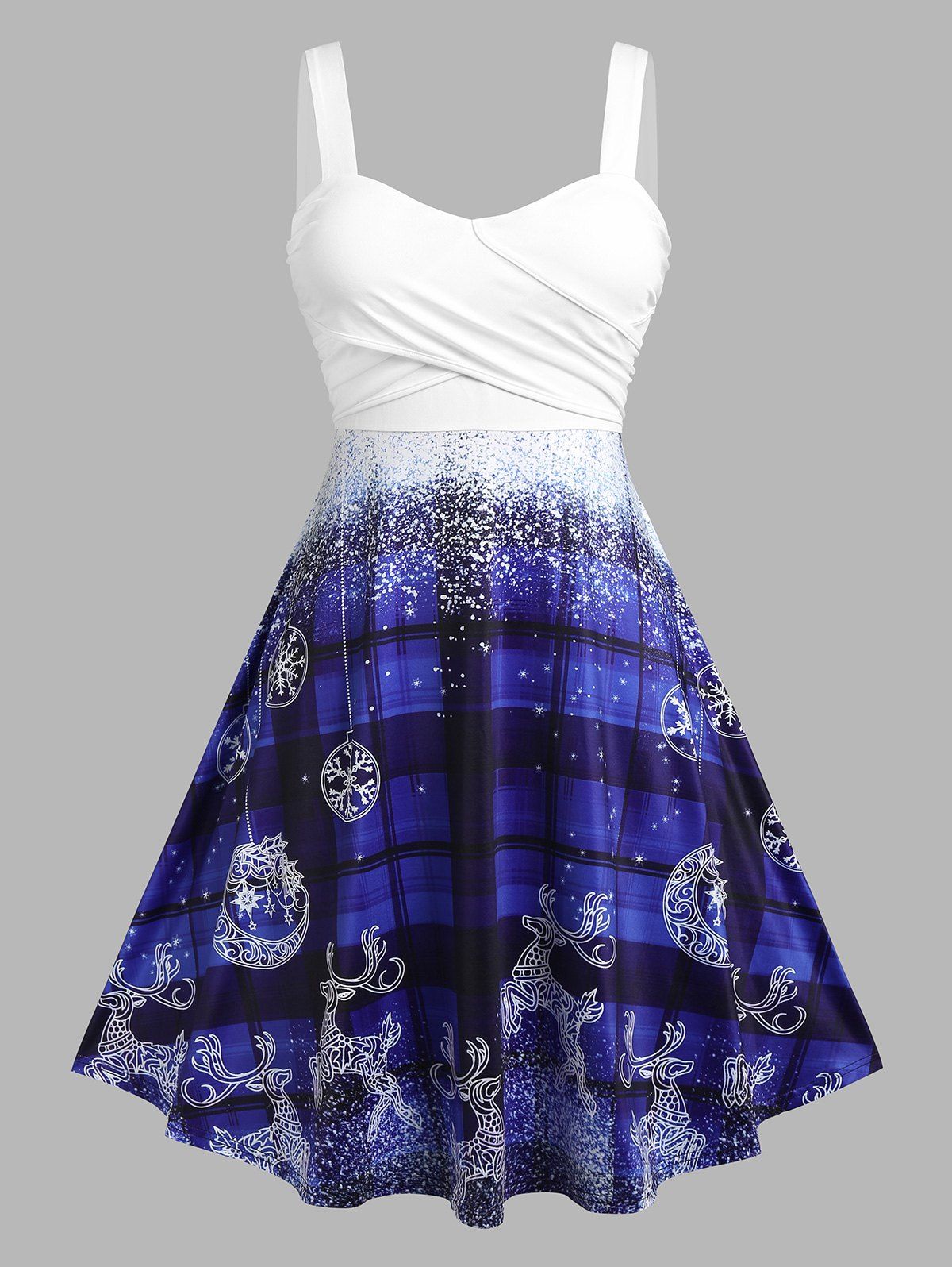 Plus Size Crossover Plaid Elk Print Dress - BLUE 2X