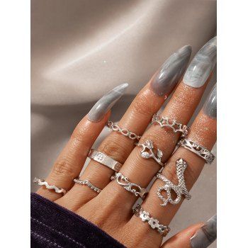 

10 Pcs Retro Snake Flower Star Ring Set, Silver