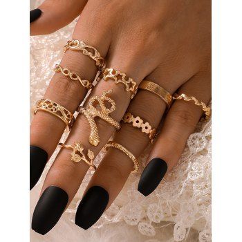 

10 Pcs Retro Snake Flower Star Ring Set, Golden