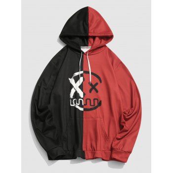 

Cartoon Face Print Drawstring Two Tone Hoodie, Multicolor