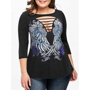 

Plus Size Ladder Cutout Wings Print T-shirt, Black