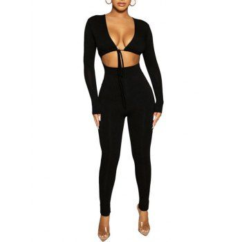 

Plunging Tie Front Cutout Unitard Jumpsuit, Black