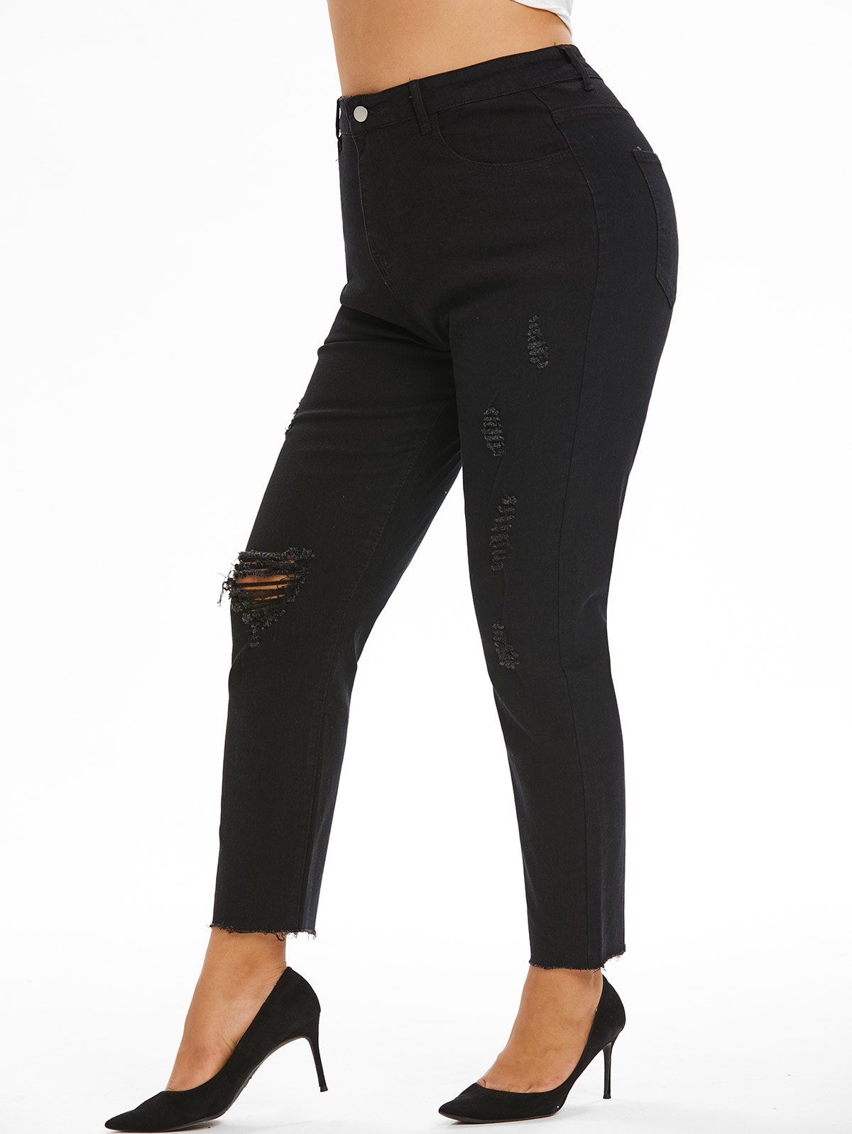 Plus Size Ripped Frayed Hem Stretchy Jeans - BLACK 4XL