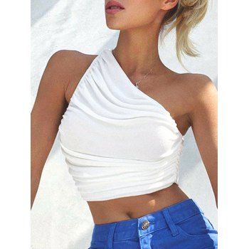 

One Shoulder Ruched Jersey Crop Tank Top, White