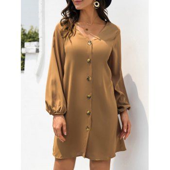 

Lantern Sleeve Button Front Shift Dress, Light coffee