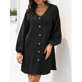 

Lantern Sleeve Button Front Shift Dress, Black