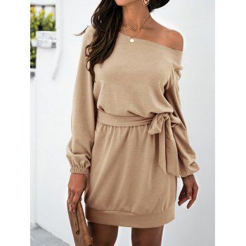 

Skew Collar Jersey Belted Long Sleeve Dress, Light coffee