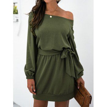 

Skew Collar Jersey Belted Long Sleeve Dress, Green