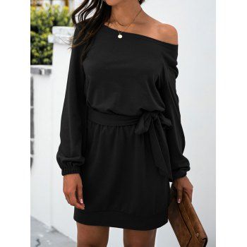 

Skew Collar Jersey Belted Long Sleeve Dress, Black