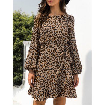 Leopard Tied Flounce Hem Dress, Light coffee