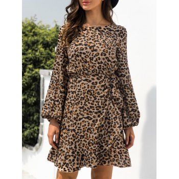 

Leopard Tied Flounce Hem Dress, Light coffee