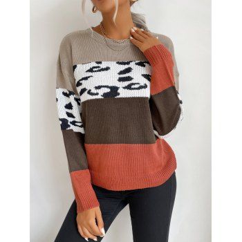 

Crew Neck Leopard Colorblock Sweater, Multicolor