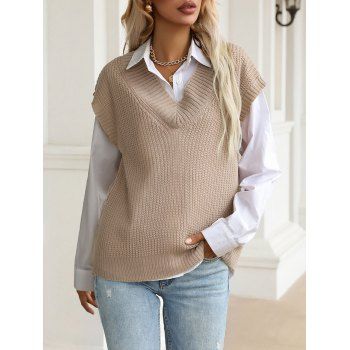 

Solid Ribbed Panel V Neck Sweater Vest, Light coffee