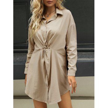 

Twisted Button Up Drop Shoulder Shirt Dress, Light coffee