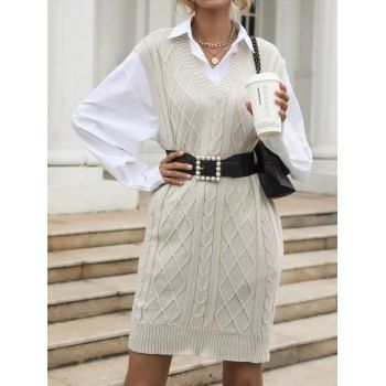 

Diamond Cable Knit Sweater Vest Dress, Light coffee