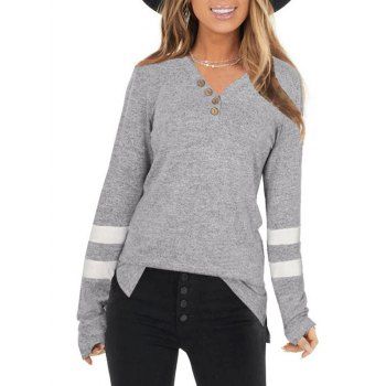 

Buttons Striped Heathered Slit T Shirt, Gray