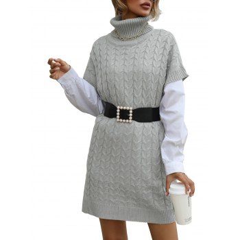 

Turtleneck Cable Knit Short Sleeve Sweater Dress, Light gray