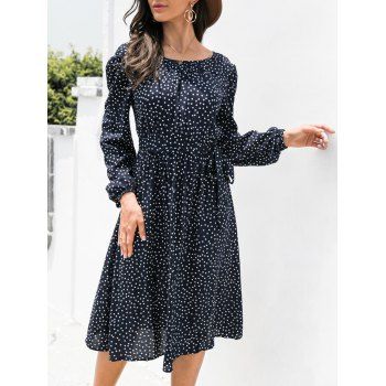 

Polka Dot Belted Open Back Dress, Deep blue