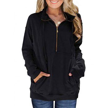 

Half Zip Drop Shoulder Pocket Drawstring Sweatshirt, Black
