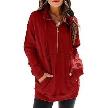 

Half Zip Drop Shoulder Pocket Drawstring Sweatshirt, Red