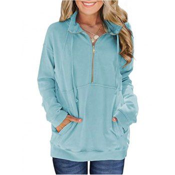 

Half Zip Drop Shoulder Pocket Drawstring Sweatshirt, Light blue