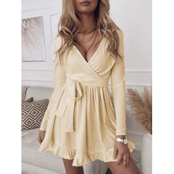 

Ruffle Hem Belted Mini Surplice Dress, Light yellow