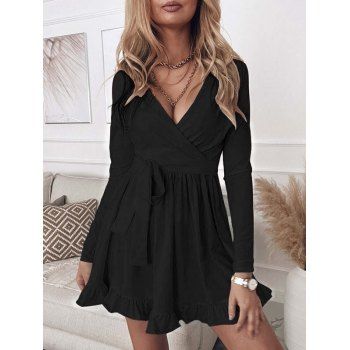 

Ruffle Hem Belted Mini Surplice Dress, Black