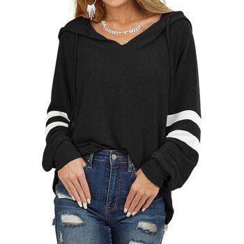 

Hooded Striped Raglan Sleeve V Notch T Shirt, Black