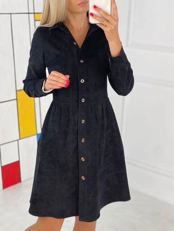 Robe Longueur à Genou à Demi-Bouton en Velours Côtelé - Noir XL