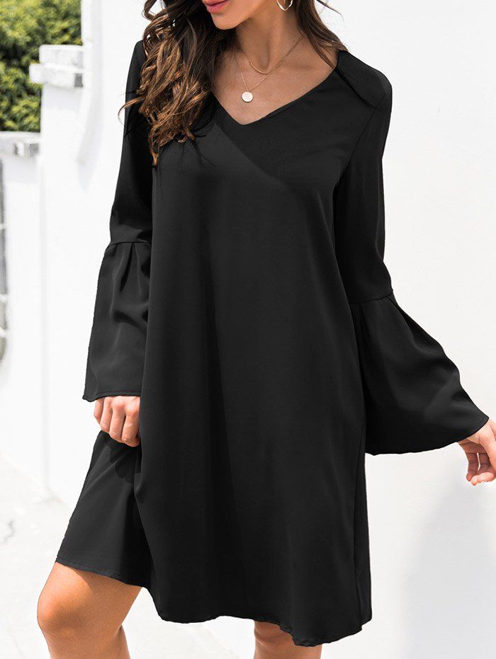 Flare Sleeve Casual Shift Dress - BLACK L