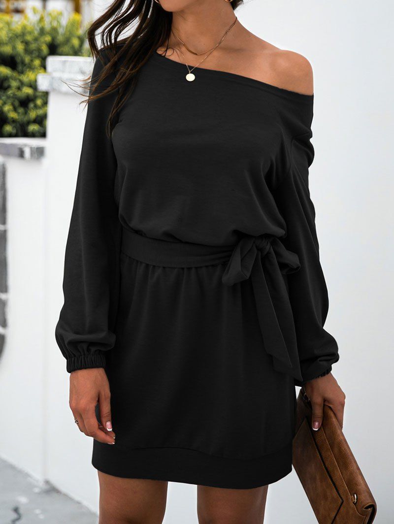 Skew Collar Jersey Belted Long Sleeve Dress - BLACK XL