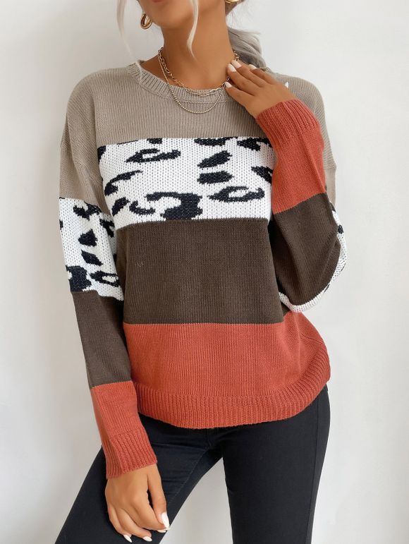 Crew Neck Leopard Colorblock Sweater - multicolor L