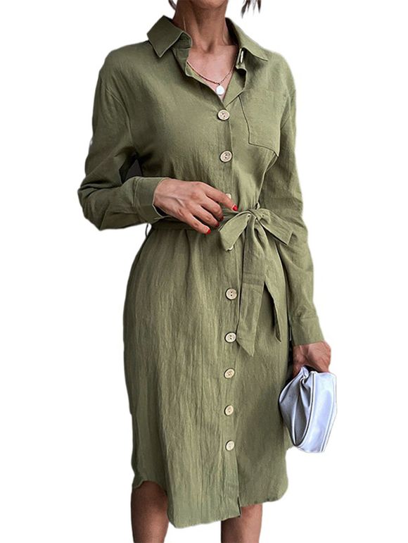 Front Pocket Belted Midi Shirt Dress - LIGHT GREEN L