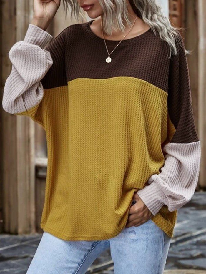 Colorblock Drop Shoulder Knitted Oversized T Shirt - YELLOW XXL